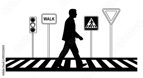 Man walking across a crosswalk with traffic signs