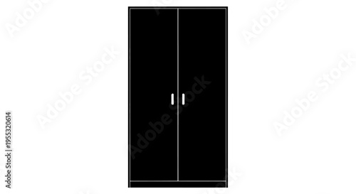 Tall black wardrobe with two doors and silver handles on a white background modern furniture design