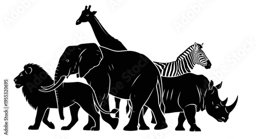 Wildlife conservation concept with safari animals walking together in harmony black silhouettes on white background