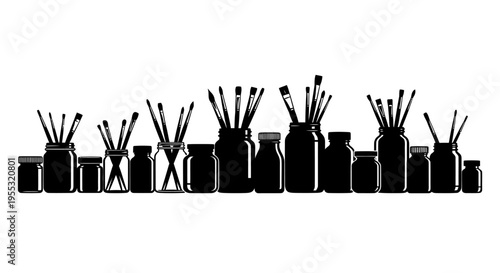 Silhouette of paintbrushes and jars on a shelf in an artist's workspace with creative tools