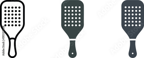 Set of three minimalist paddle hair brush icons in outline and solid styles for hair care salon and beauty grooming vector illustration isolated on light background.