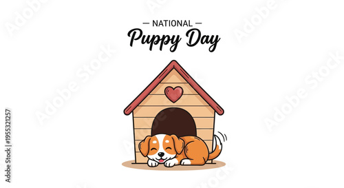 Illustration of adorable puppies celebrating National Puppy Day with a cozy doghouse