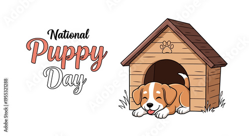 Illustration of a cute puppy lying in a doghouse on National Puppy Day with a playful lifestyle concept.