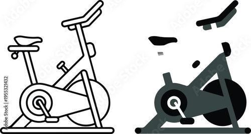 Set of two stationary exercise bike icons in outline and flat styles for fitness gym workout and indoor cycling cardio training vector illustration isolated on white background.