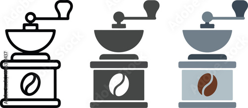 Set of three minimalist coffee grinder icons in outline and flat styles for cafe branding manual bean milling and vintage kitchen equipment vector illustration isolated on white background.