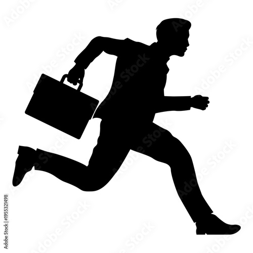 Silhouette of a businessman running with a briefcase, rushing to work. concept of deadline, competition and business success. side view illustration.