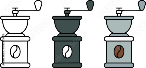 Set of three minimalist coffee grinder icons in outline and flat styles for cafe branding manual bean milling and vintage kitchen equipment vector illustration isolated on white background.