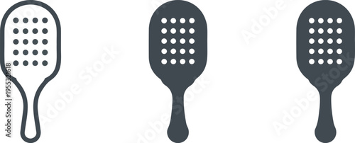 Set of three minimalist paddle hair brush icons in outline and solid styles for hair care salon and beauty grooming vector illustration isolated on light background.
