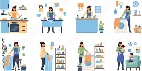Household chores set with cleaning, cooking and laundry activities, women doing daily home tasks, domestic routine and housekeeping vector illustration collection