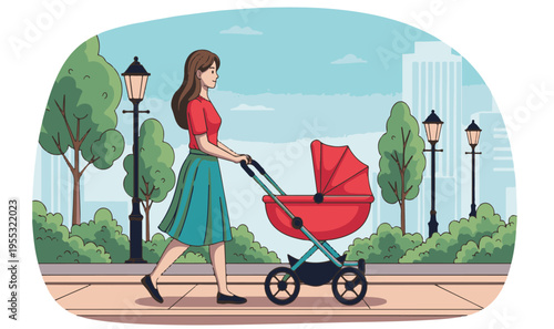 A woman pushing a baby stroller on a sidewalk in a city park