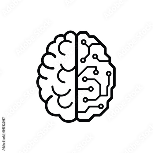 Minimal line icon of human brain and artificial intelligence concept split brain symbol representing comparison between technology and human thinking creativity innovation and digital future