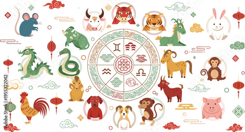 Chinese zodiac animals set with twelve horoscope signs around traditional circle design Asian astrology cartoon vector illustration collection