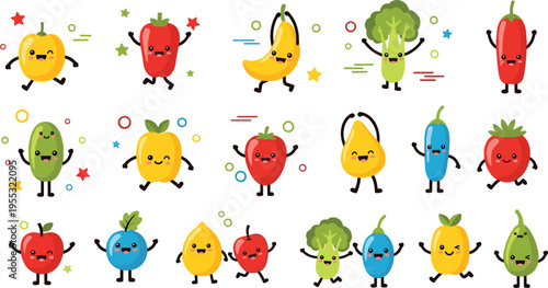 Cute fruit and vegetable characters set, happy healthy food cartoon collection vector illustration