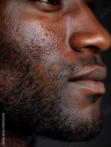 Inclusive acne care concept showing realistic skin detail on dark skin tones.