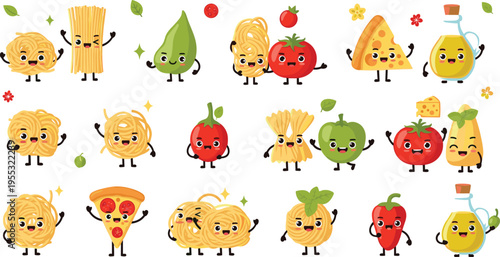 Cute Italian food characters set with pasta, pizza, tomato and olive oil, funny cartoon cuisine mascots for restaurant menu and kids design vector illustration