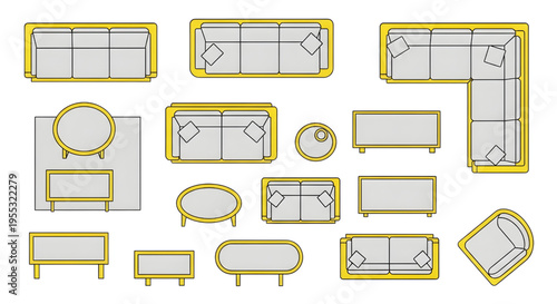 Living Room Furniture Top View Vector Set – Sofa Coffee Table Accent Chair Layout Yellow Outline Icons