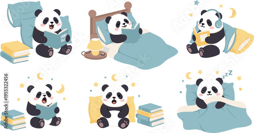 Cute panda daily routine set with reading, sleeping and relaxing activities, adorable cartoon vector illustration for kids bedtime stories, nursery design and children lifestyle concepts