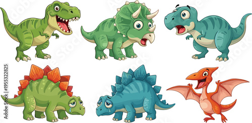 Cartoon Dinosaur Illustration Set Featuring T Rex, Triceratops, Stegosaurus and Pterodactyl with Funny Expressions for Kids Design
