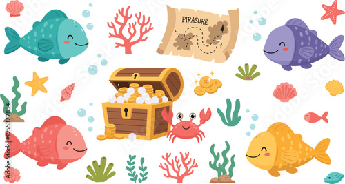 Cute underwater treasure set with fish, crab and chest of gold coins, cartoon ocean animals and sea elements vector illustration for kids adventure design