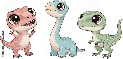 Cute Baby Dinosaur Characters Illustration Set Featuring Cartoon T Rex, Brontosaurus, and Raptor with Big Eyes for Kids Design