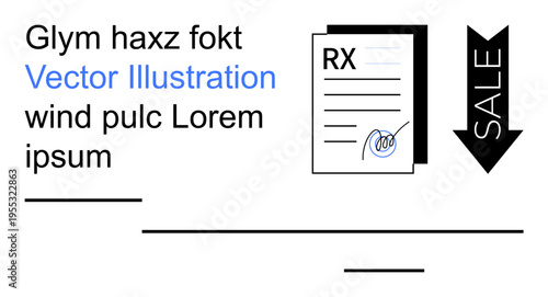 Healthcare, pharmacy, discounts, medicine, prescriptions, sales. A signed prescription document with an arrow indicating a sale. Discounts and medicine concept
