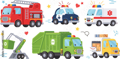 Emergency and service vehicles cartoon set including fire truck police car ambulance garbage truck recycling and delivery transport illustration collection