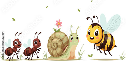 Cute Garden Insects Illustration Set Featuring Ants, Snail and Bee with Friendly Cartoon Style for Kids Nature Design