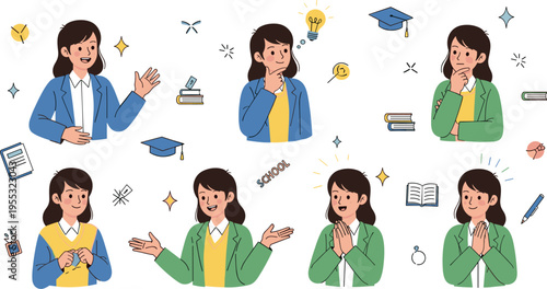 Female student expressions set with learning emotions, thinking studying and communication cartoon vector illustration collection