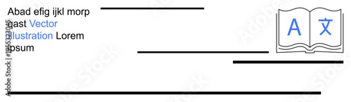 Language learning, translation tools, global communication, education, multilingual content, knowledge sharing. Book icon with translation symbols and text lines. Language learning and translation