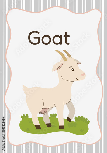 Adorable cartoon goat character standing on green grass. Flat vector illustration for children education, organic dairy product packaging, and farm animal collection. Isolated on white background.
