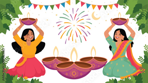 Happy Indian Women Celebrating Diwali Festival of Lights with Oil Lamps Fireworks and Moonlit Temple Background Flat Vector Illustration