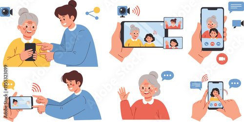 Family video call concept with smartphone communication, elderly woman connecting with relatives online, modern digital technology for remote conversation and social interaction vector illustration