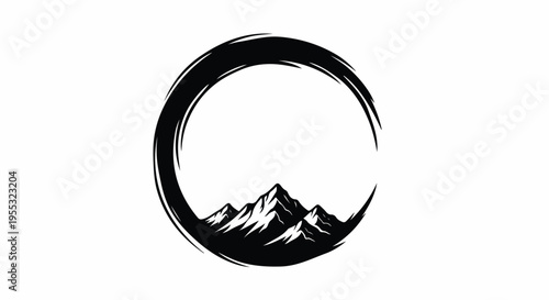Mountain Range Silhouette in Zen Brush Stroke Circle Vector