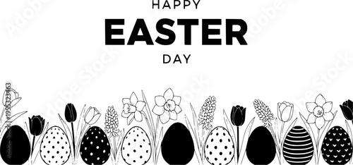 Happy Easter day design for Easter festivities showcasing stylized eggs and blooming springtime flora perfect for holiday greetings and seasonal decorations Elegant monochrome
