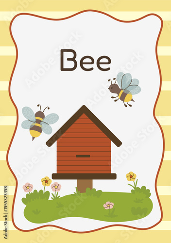Two cute cartoon bees flying near a red wooden beehive on grass with flowers. Flat vector illustration for children education, honey packaging, and nature concepts. Isolated on white background.