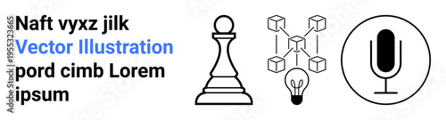 Business strategy, blockchain technology, innovation, creativity, communication, media. Chess piece, blockchain diagram light bulb and microphone icon. Business strategy and blockchain technology