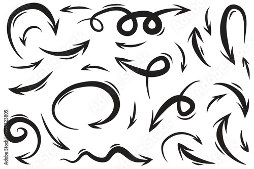 Collection of swirling abstract black line art designs and shapes