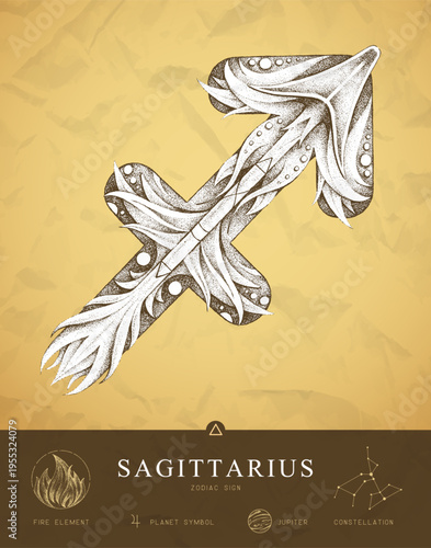 Modern magic witchcraft card with astrology Sagittarius zodiac sign characteristic. Hand drawing art product. Vector illustration