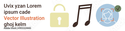 Data security, media rights, identity verification, technological innovation, biometric authentication, online safety. Lock, note and face recognition icon with circle and tick. Data security