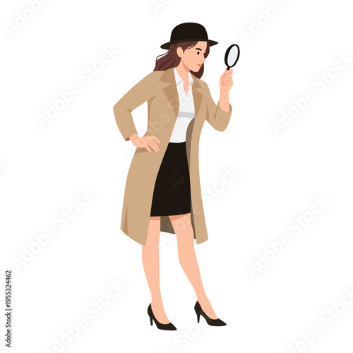 Female Detective Investigating with Magnifying Glass Concept. Flat vector illustration isolated on white background