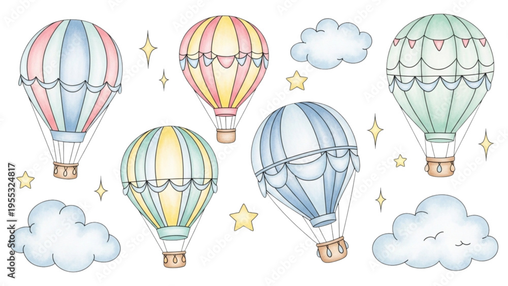 Fototapeta premium Colorful hot air balloons float amidst fluffy clouds and twinkling stars in a serene sky scene.