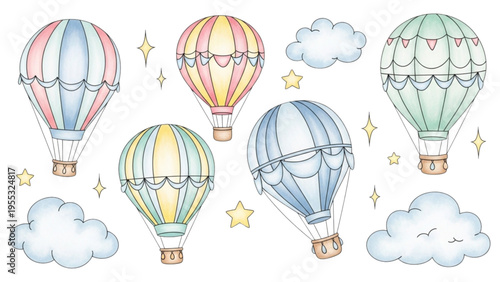 Colorful hot air balloons float amidst fluffy clouds and twinkling stars in a serene sky scene.