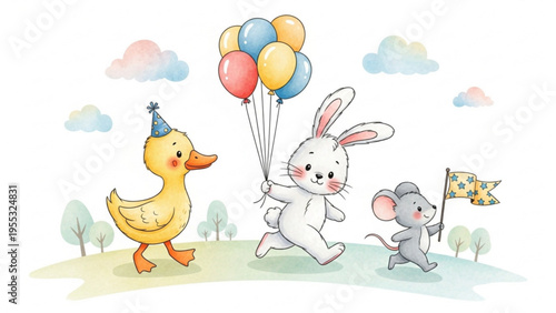 A duck wearing a party hat walks with a rabbit holding balloons and a mouse holding a flag on a green hill.