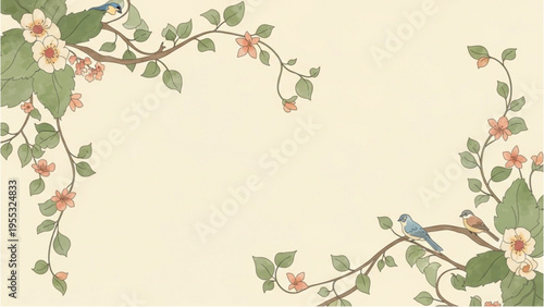 Two blue birds perch on flowering vine branches with green leaves