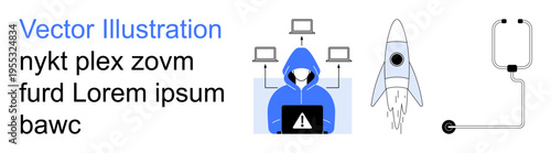 Cybersecurity, technology integration, space innovation, medical devices, remote hacking, scientific advancement. A hooded figure at a laptop, rocket IV drip. Cybersecurity and technology