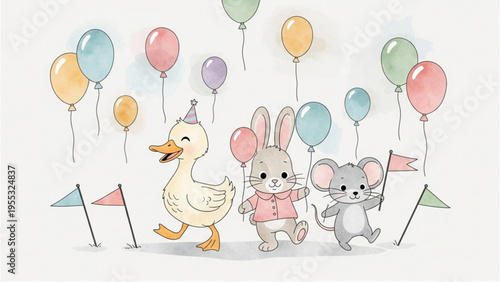Children's party scene with duck rabbit and mouse under colorful balloons