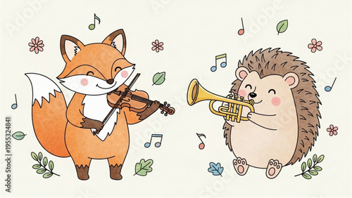 A fox plays violin and a hedgehog plays trumpet together outdoors