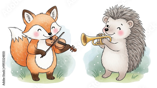 A fox plays violin and a hedgehog plays trumpet together outdoors.