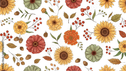 Vibrant flowers and leaves fill the scene with colorful blooms and foliage.