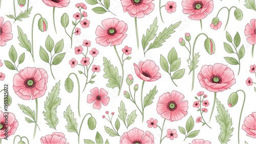 Pink flowers with green leaves and stems on white background